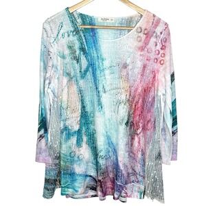 Jess & Jane Watercolor Mesh Layered Top Womens Size M Artsy Colorful Eclectic